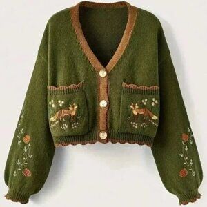Button Up Fox Nature Army Green Cardigan With Pockets